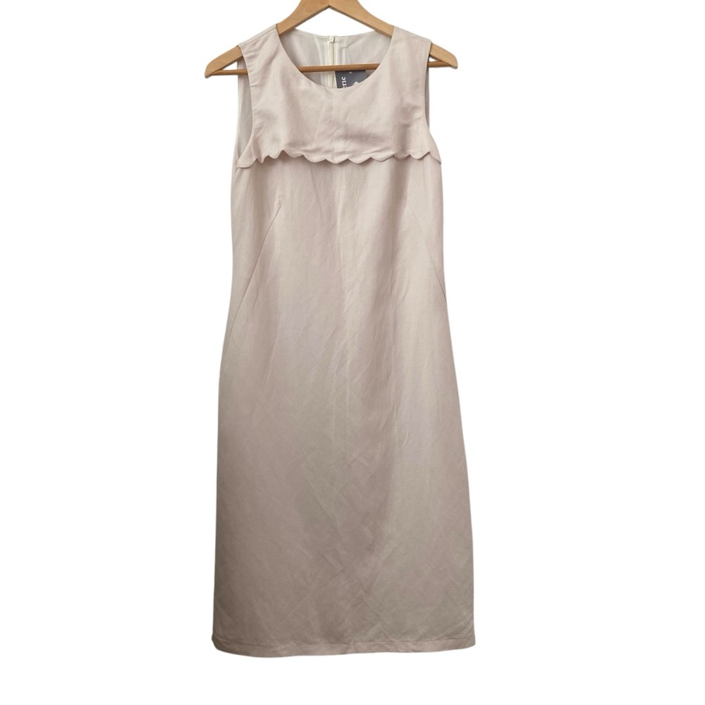 NWT MaCherie Ivory Linen Midi Sleeveless Scallop Accent Lined Dress US S